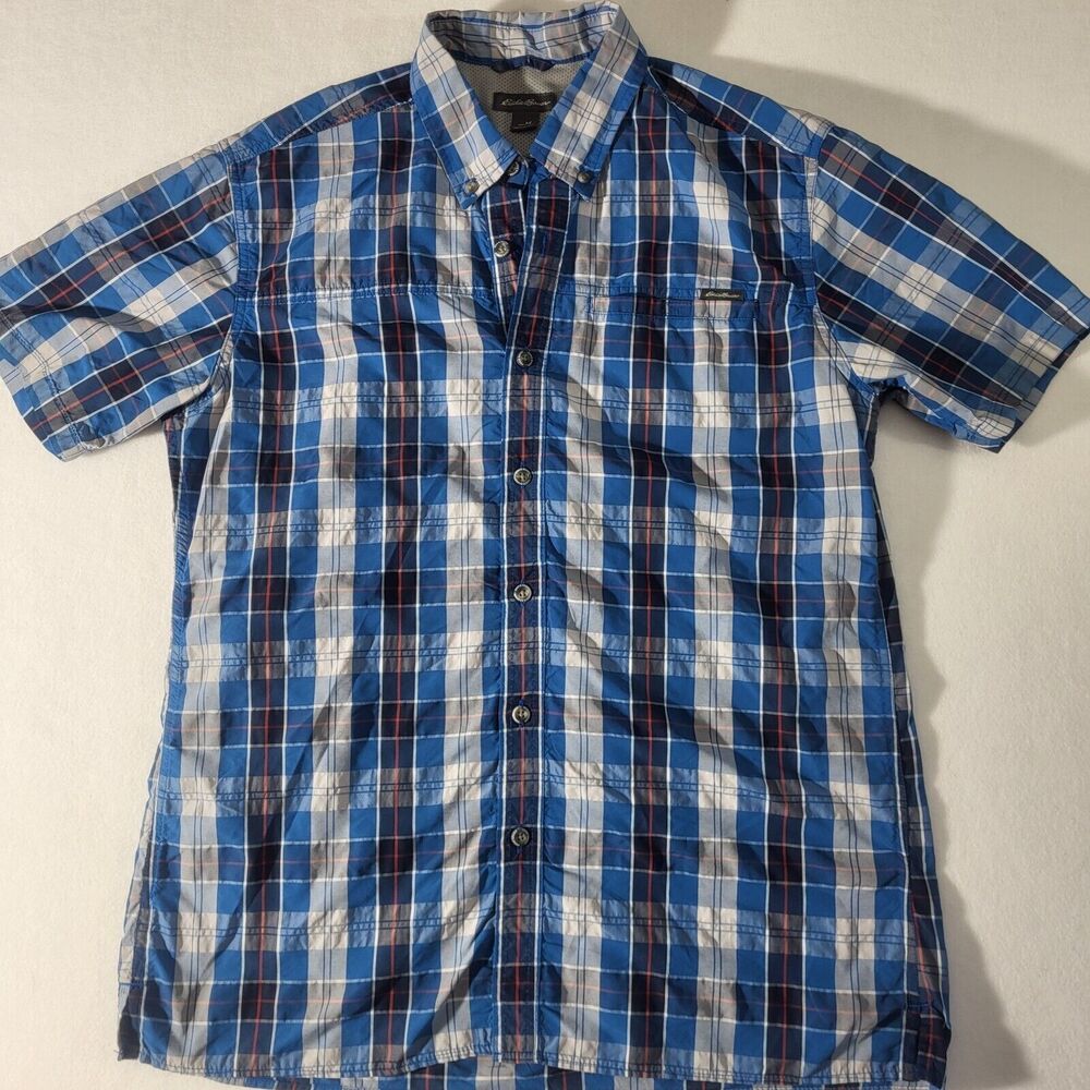 Eddie Bauer Shirt, Men's Size Medium Blue, White, Gray, Button Up, Short Sleeve